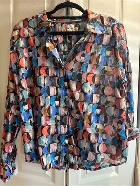 NIC+ZOE Multicolor Geometric Circle-Print Button Down in Blue, Red, Teal, Brown